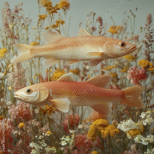 This image features two lifelike carp fish with shimmering scales swimming gracefully amidst a vibrant array of wildflowers, showcasing nature's beauty and harmony in vivid detail. photo