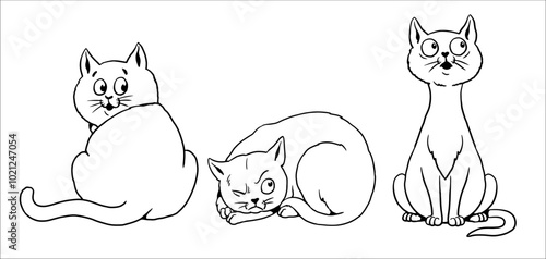 Set of funny cats to color in. Cartoon animal characters. Vector drawing.
