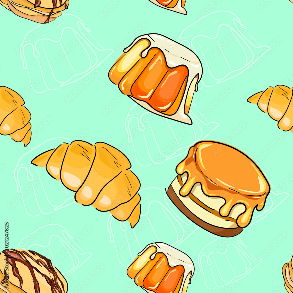 Pastry bakery and sweets jelly pudding, croissant and cake seamless pattern vector illustration. orange bright pattern. Pastry bakery and sweets jelly pudding, croissant and cake seamless pattern vector illustration. orange bright pattern.