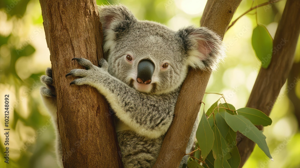 Obraz premium A close-up of a koala clinging to a tree branch in a natural setting.