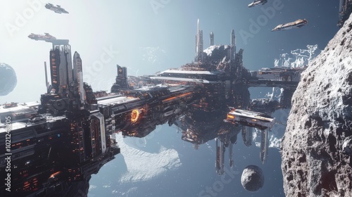 Fototapeta Naklejka Na Ścianę i Meble -  Futuristic space station orbiting an asteroid with spaceships in a sci-fi universe.