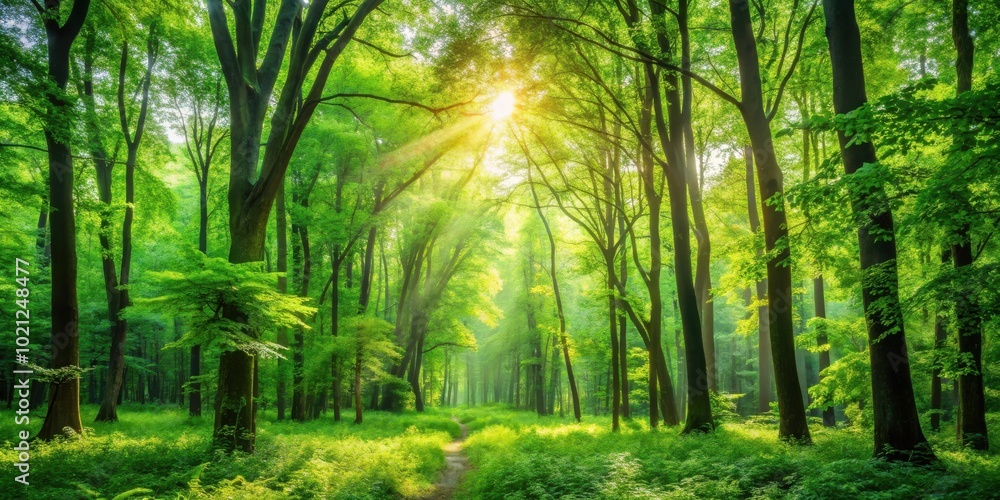 Naklejka premium Sunbeams illuminate a path through a lush green forest, casting dappled shadows on the verdant undergrowth.