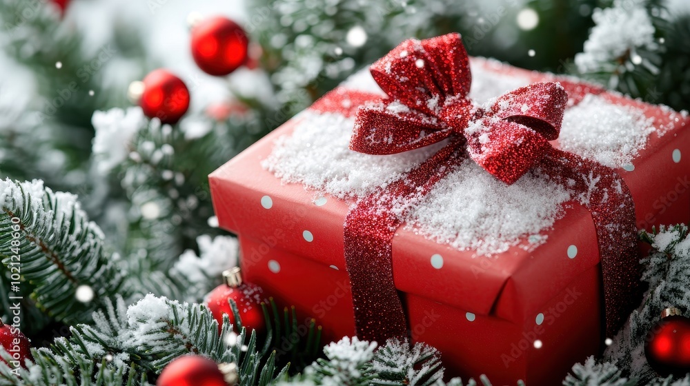 Christmas Gift with Delicate Bow on Evergreen Branch Christmas Gift with Delicate Bow on Evergreen Branch