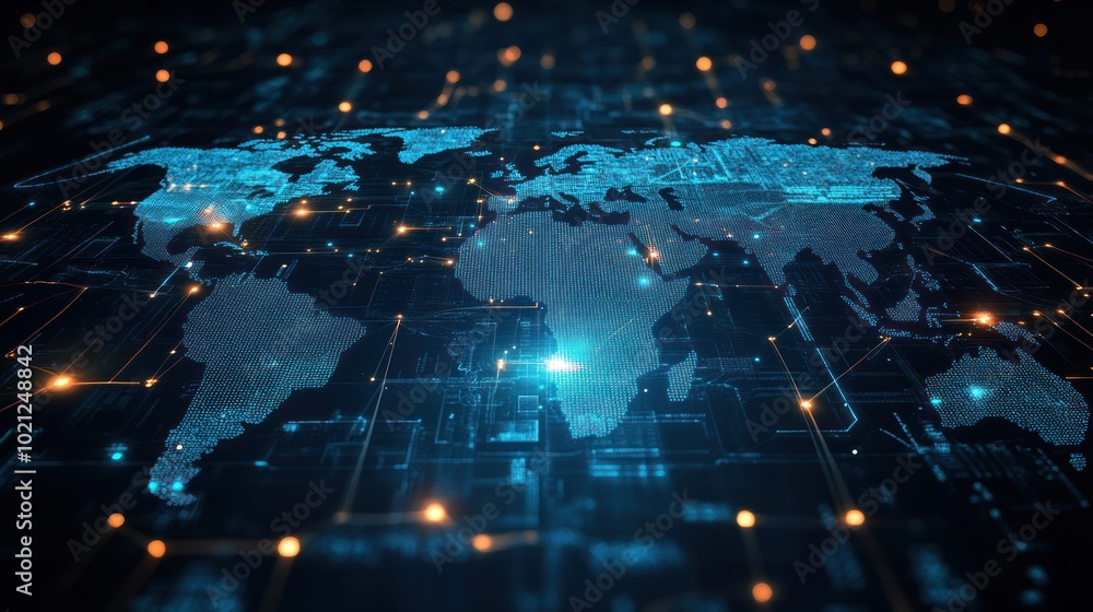 Fototapeta premium A digital world map with interconnected data points, illustrating global connectivity.