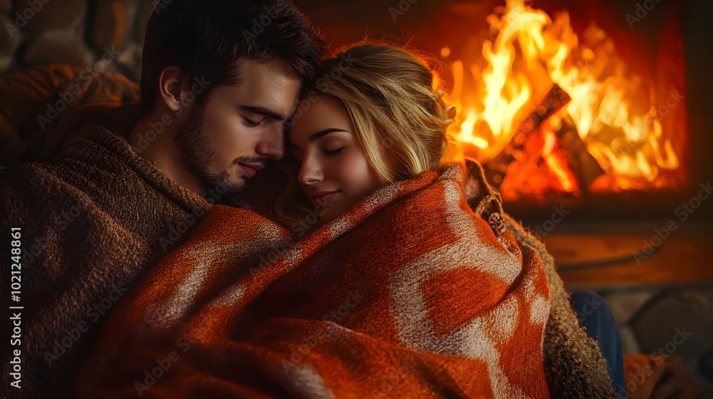 Obraz premium A young couple sharing a tender moment, wrapped in a warm blanket, set against a cozy fireplace