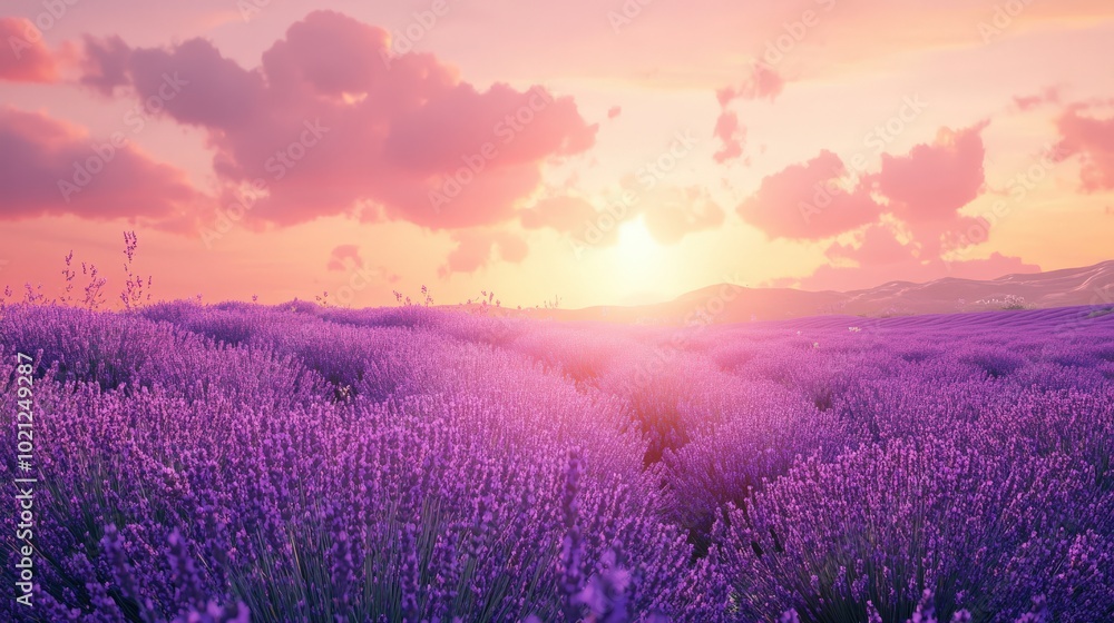 Serene lavender field at sunset with a vibrant pink and orange sky. Serene lavender field at sunset with a vibrant pink and orange sky.