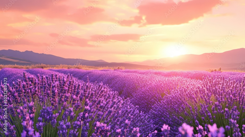 Obraz premium Gorgeous lavender field at sunset, with vibrant purple hues under a colorful sky.