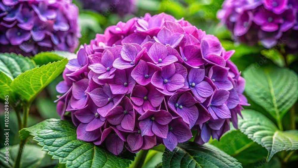 Beautiful Purple Hydrangea Blooms in Full Bloom with Green Leaves and Soft Natural Lighting Beautiful Purple Hydrangea Blooms in Full Bloom with Green Leaves and Soft Natural Lighting