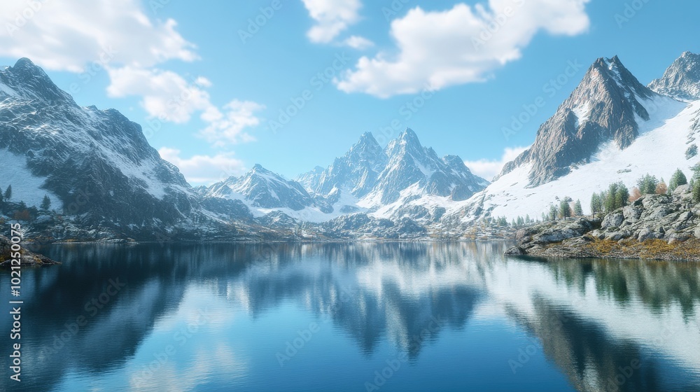 Breathtaking view of snowy mountains reflected in a serene alpine lake under a bright blue sky. Breathtaking view of snowy mountains reflected in a serene alpine lake under a bright blue sky.