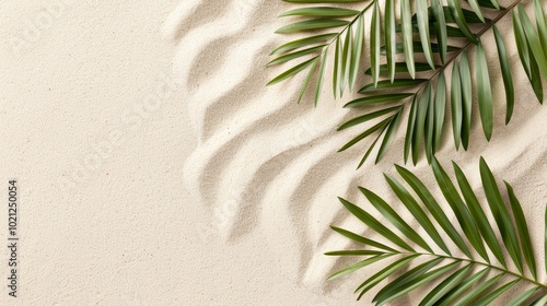 Wallpaper Mural A serene composition featuring tropical palm leaves on textured sand creates a calming aesthetic, Ideal for beach, nature, or relaxation-themed projects, travel brochures, and spa promotions, Torontodigital.ca