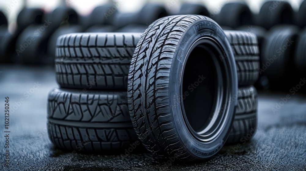A close-up of new tires stacked in a workshop setting, showcasing their tread patterns and textures, Ideal for automotive-related content, marketing, or educational materials on vehicle maintenance, A close-up of new tires stacked in a workshop setting, showcasing their tread patterns and textures, Ideal for automotive-related content, marketing, or educational materials on vehicle maintenance,