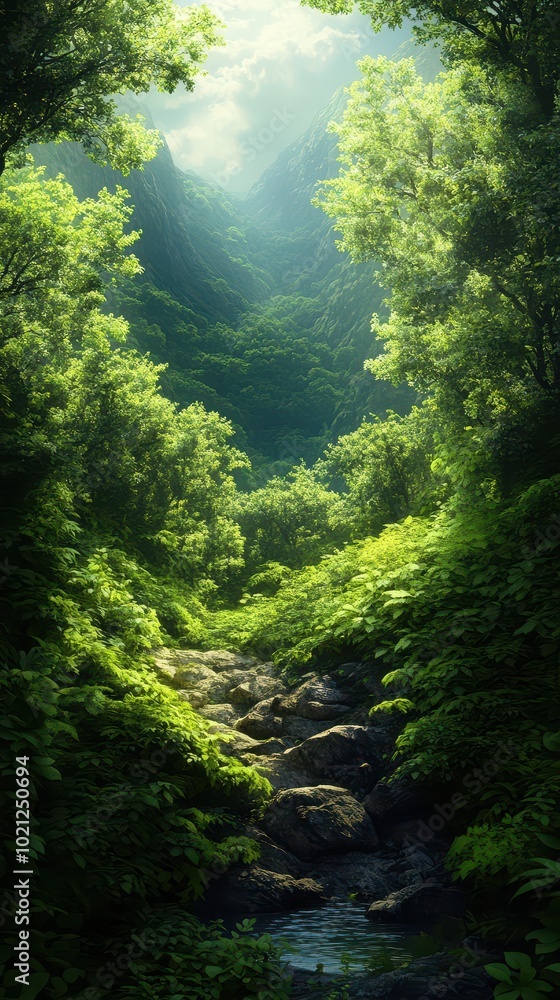 Obraz premium Lush green forest with sunlight filtering through trees, stream in the middle creating a serene natural landscape.