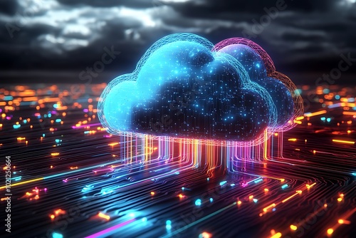 A colorful cloud with a lot of wires coming out of it. surrounded by a cityscape with buildings and streets. futuristic, technological. Cyber security, Cloud Networking, AI Mind Modern, Data Center