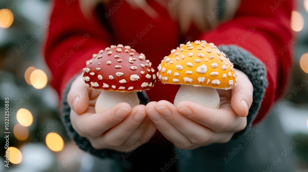 A close-up of hands holding vibrant red and yellow decorative mushrooms, set against a softly blurred background with warm lights, This image is perfect for seasonal decoration or craft projects, A close-up of hands holding vibrant red and yellow decorative mushrooms, set against a softly blurred background with warm lights, This image is perfect for seasonal decoration or craft projects,