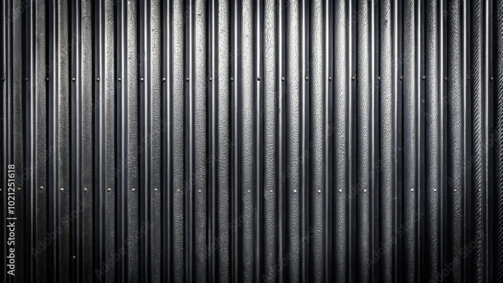 Obraz premium A close-up view of a dark, corrugated metal wall with rivets in a repeating pattern, creating a textured and industrial backdrop.