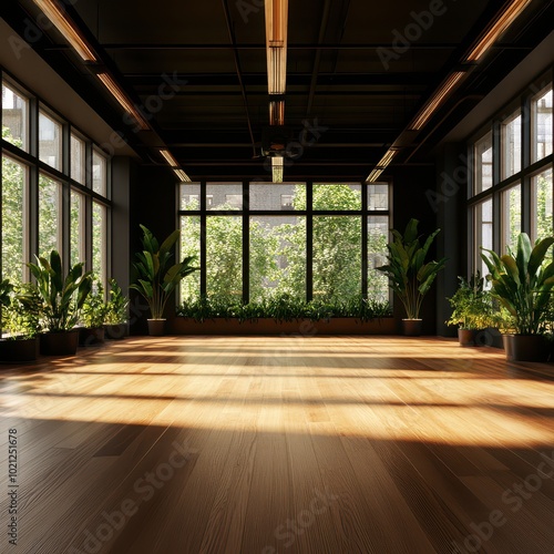 Spacious interior with large windows and potted plants under natural light.