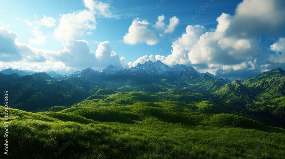Stunning green hills under a bright blue sky with fluffy clouds in a picturesque landscape. Stunning green hills under a bright blue sky with fluffy clouds in a picturesque landscape.