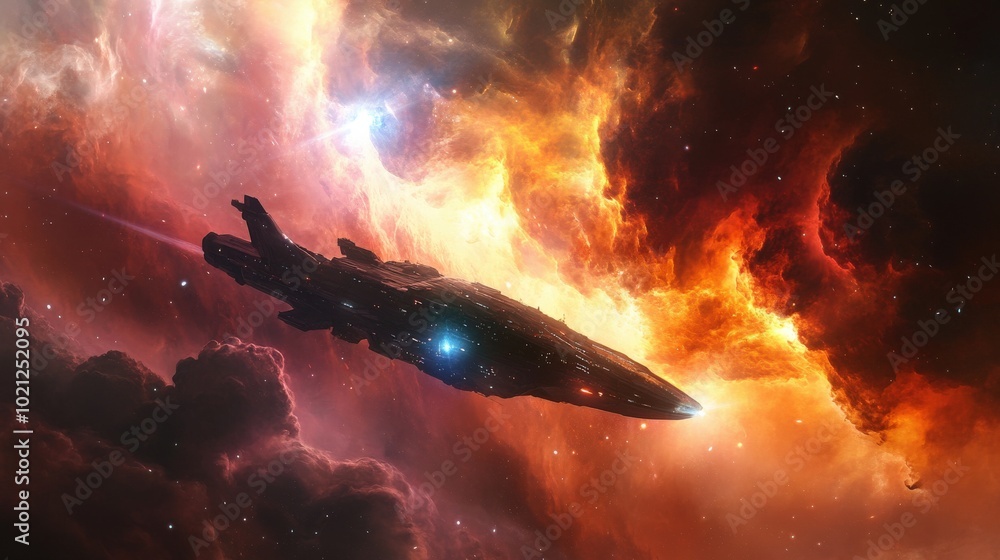 A sleek spaceship glides through a fiery nebula in a cosmic journey through deep space. A sleek spaceship glides through a fiery nebula in a cosmic journey through deep space.