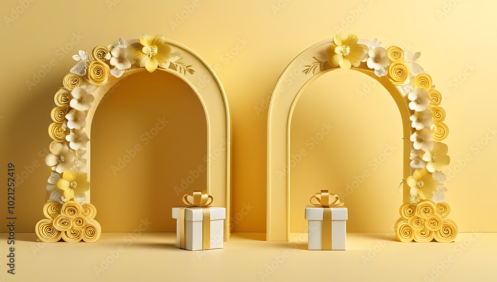 Fototapeta premium elegant gift boxes floral decor light yellow arch