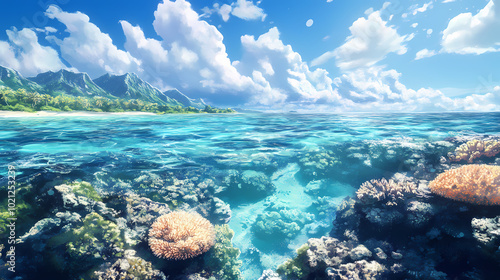 Coral reef encircling a crystal-clear lagoon. Crystal-Clear Lagoon. Illustration