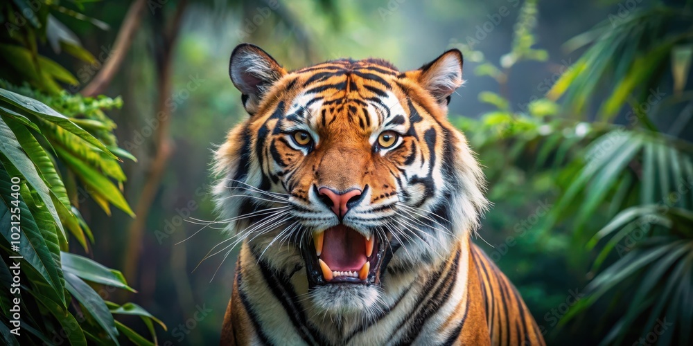 A majestic tiger with piercing amber eyes and a powerful roar, its striped fur a stark contrast against the lush greenery of its jungle habitat. A majestic tiger with piercing amber eyes and a powerful roar, its striped fur a stark contrast against the lush greenery of its jungle habitat.