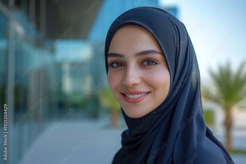 A young woman in a black hijab smiles brightly, standing before a modern architectural setting with palm trees, capturing urban sophistication and cultural elegance. A young woman in a black hijab smiles brightly, standing before a modern architectural setting with palm trees, capturing urban sophistication and cultural elegance.