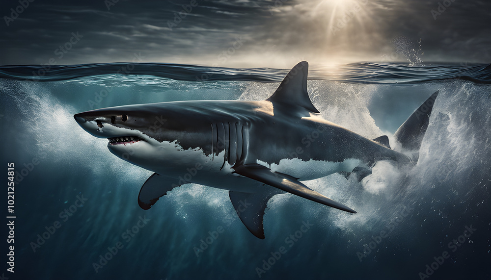 Fototapeta premium A black shark swimming in the bright blue sea, the sunlight shines on it, highlighting the beauty of its skin.