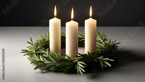 four advent candles burning holder rosemary wreath