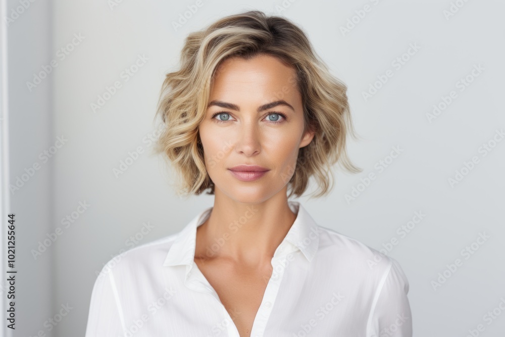 Portrait of young businesswoman in white shirt, looking at camera. Portrait of young businesswoman in white shirt, looking at camera.