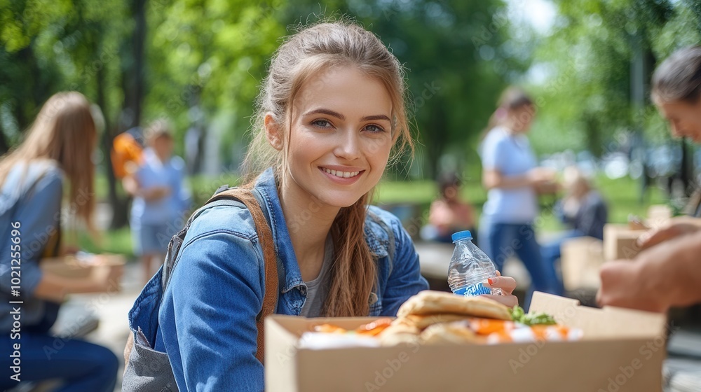 Fototapeta premium A young woman smiles while sitting in a sunny park, surrounded by friends. She holds a container of food and a bottle of water, enjoying a leisurely moment during a friendly picnic gathering on a beau