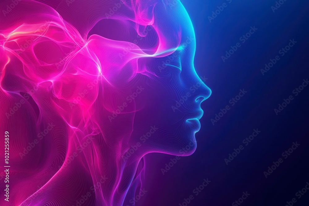 Abstract Profile of a Person Composed of Intertwined Lines with Vibrant Pink and Blue Hues Abstract Profile of a Person Composed of Intertwined Lines with Vibrant Pink and Blue Hues