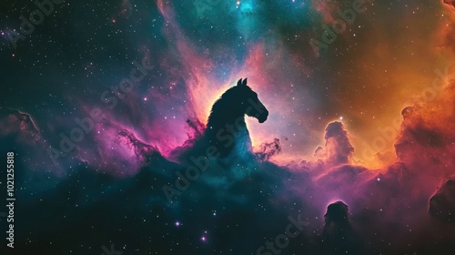 Silhouette of a horse-shaped nebula against a vibrant, cosmic backdrop.