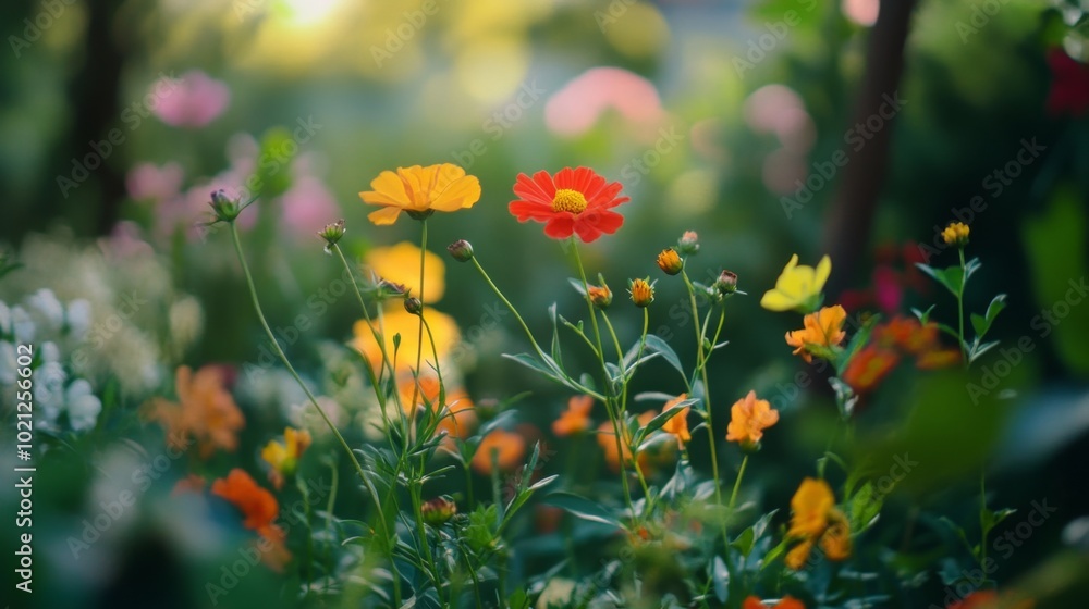 bright flowers in green backyard setting 