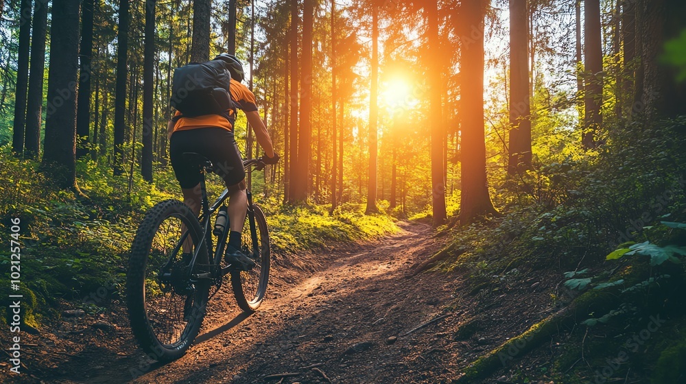 Fototapeta premium Cyclist on forest trail, sunlight through trees