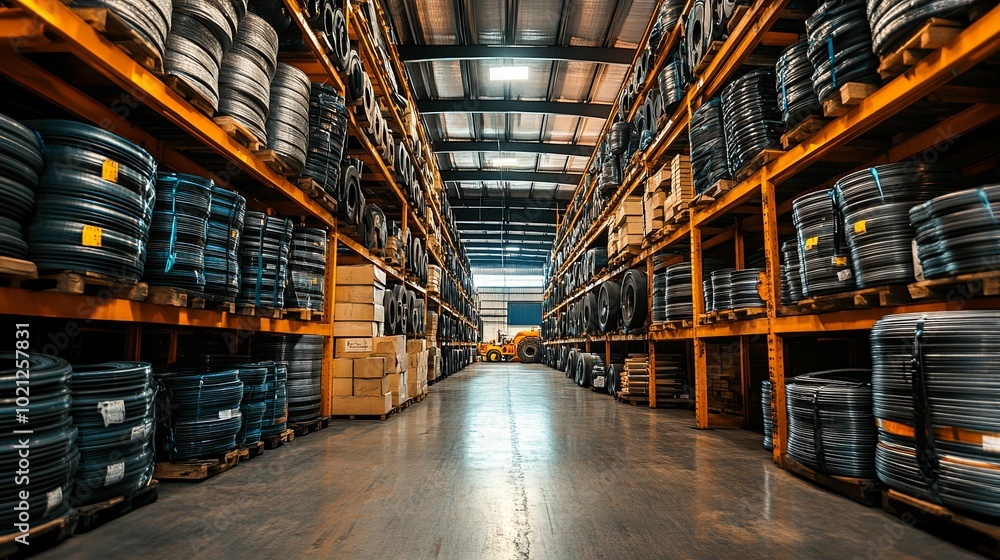 Industrial Warehouse with Stacks of Rolled Metal Sheets Industrial Warehouse with Stacks of Rolled Metal Sheets