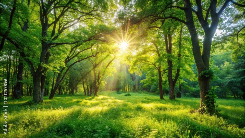 Obraz premium Golden sunlight streams through the dense canopy of a deciduous forest, casting a warm glow on the lush green undergrowth