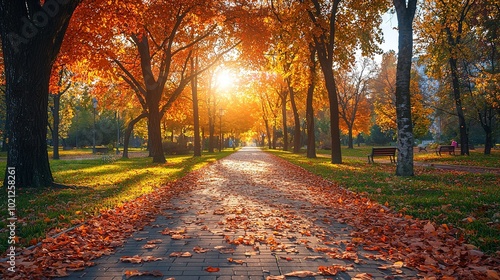 A brick pathway leading through a park filled with trees in autumn, showcasing the bright and vibrant colors of the season under soft, afternoon light.