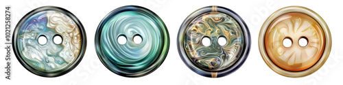 Four decorative buttons in varying colors and designs, isolated on a white background.