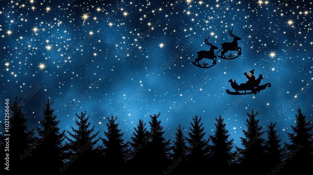 Naklejka premium A silhouette of Santa Claus and his reindeer flies in a sleigh against a beautiful starry night sky, creating a magical Christmas atmosphere in a serene forest setting