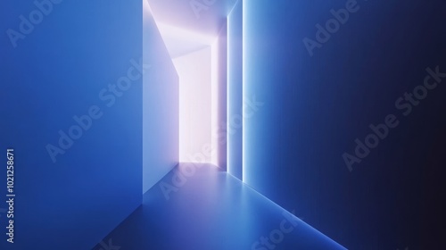 A modern corridor illuminated with blue and white light, creating a futuristic and serene atmosphere.