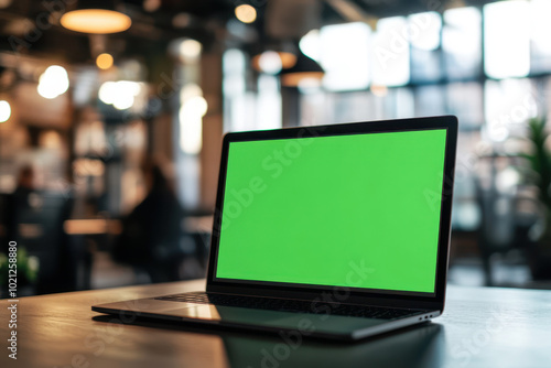 Laptop with green screen on the table in a modern office, with people working around it.