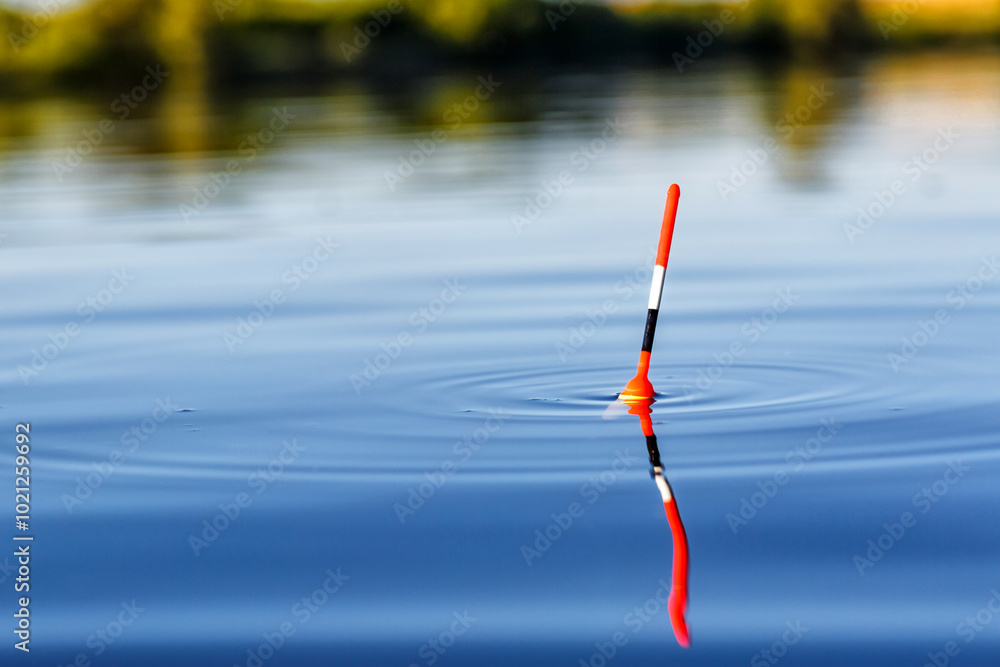 Fishing float on the water surface with circles around.Fishing adventures, carp fishing.Catching of fish.The blue sky is reflected in the water. Fish are biting Fishing float on the water surface with circles around.Fishing adventures, carp fishing.Catching of fish.The blue sky is reflected in the water. Fish are biting