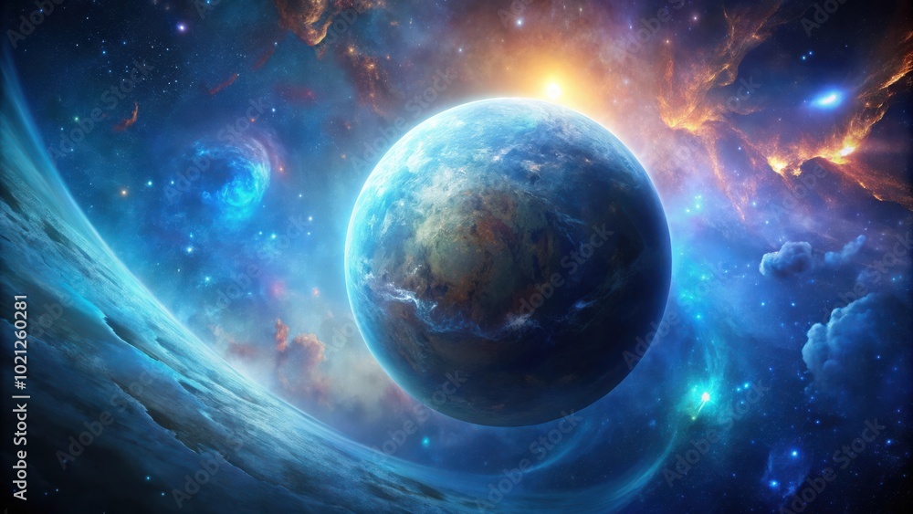 A celestial dance unfolds as a vibrant planet emerges from a swirling nebula, its surface illuminated by the warm glow of a distant star. A celestial dance unfolds as a vibrant planet emerges from a swirling nebula, its surface illuminated by the warm glow of a distant star.