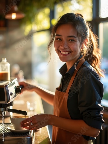 A joyful barista, smiling warmly, prepares a coffee with precision using an espresso machine in a cozy cafe, representing culinary passion and excellent service offerings.