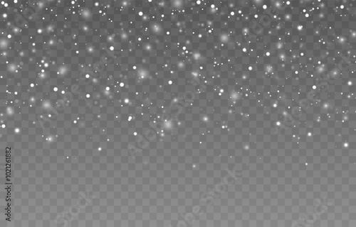 Vector snow falling from above. Snowfall on isolated transparent background. Christmas or winter background. Snow or snowflakes png.