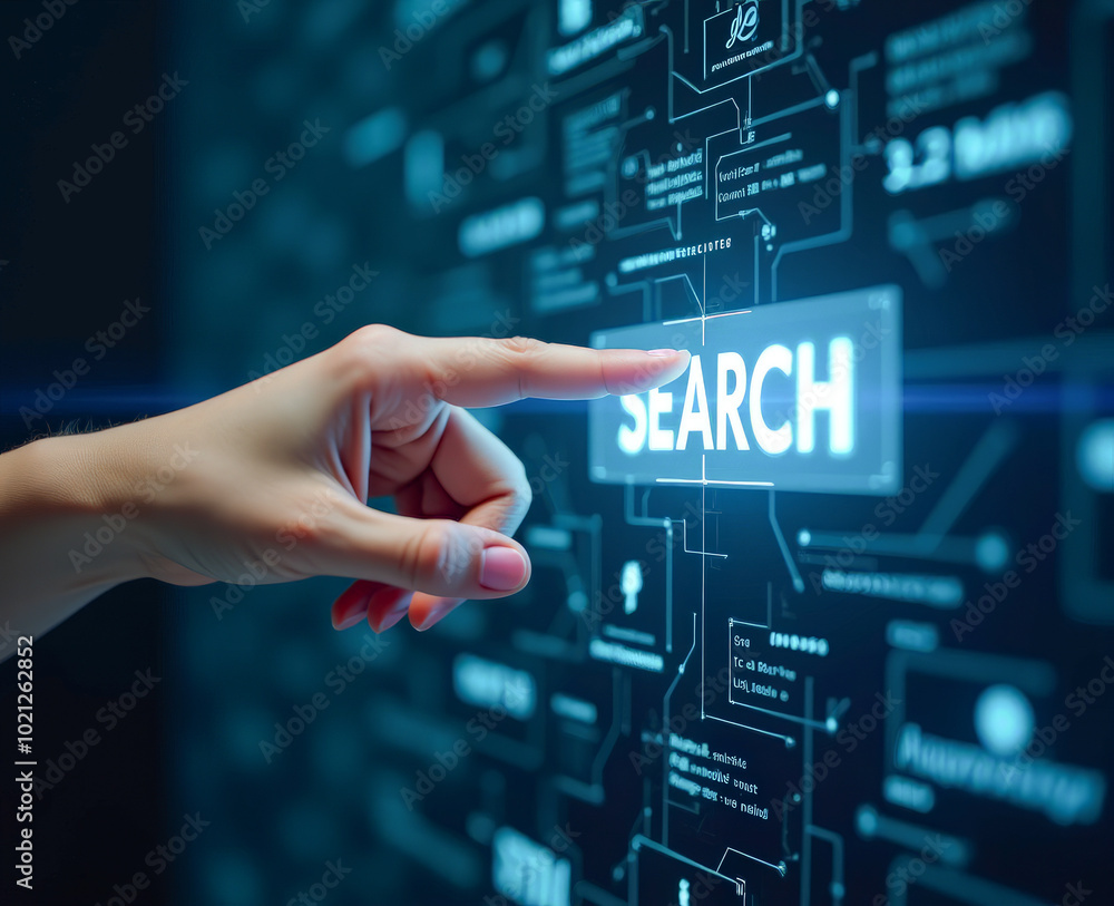the human hand presses a virtual button with the inscription search the human hand presses a virtual button with the inscription search