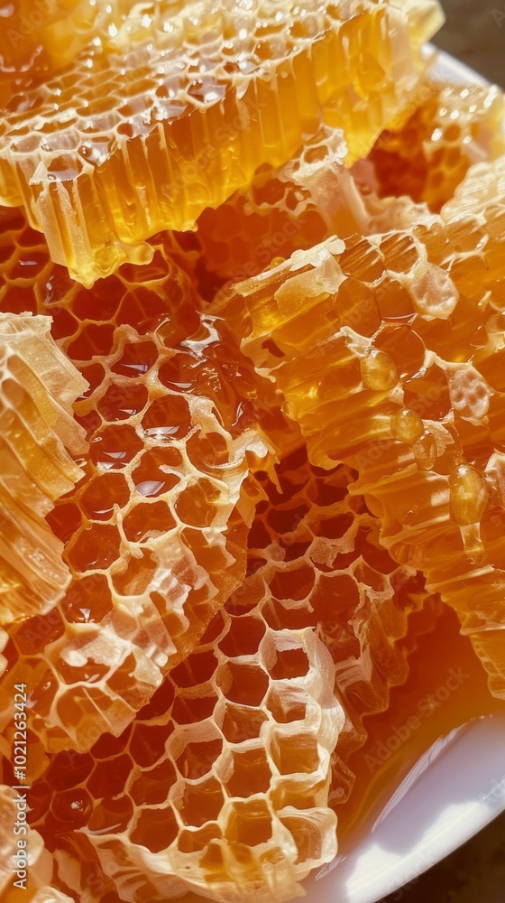 A close up of honeycomb with honey dripping from it A close up of honeycomb with honey dripping from it