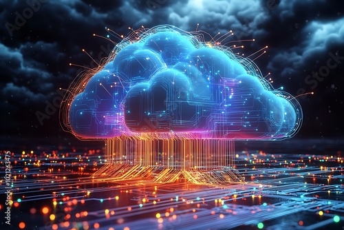 A colorful cloud with a lot of wires coming out of it. surrounded by a cityscape with buildings and streets. futuristic, technological. Cyber security, Cloud Networking, AI Mind Modern, Data Center