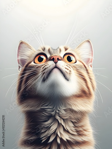 Startled and alarmed tabby cat with tight composition focusing on the cat s face showing exaggerated and comical expression with ears pinned back and whiskers flared photo