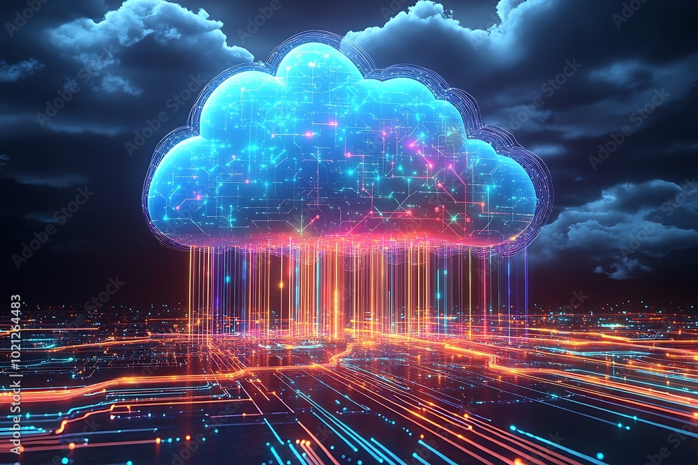 A colorful cloud with a lot of wires coming out of it. surrounded by a cityscape with buildings and streets. futuristic, technological. Cyber security, Cloud Networking, AI Mind Modern, Data Center A colorful cloud with a lot of wires coming out of it. surrounded by a cityscape with buildings and streets. futuristic, technological. Cyber security, Cloud Networking, AI Mind Modern, Data Center